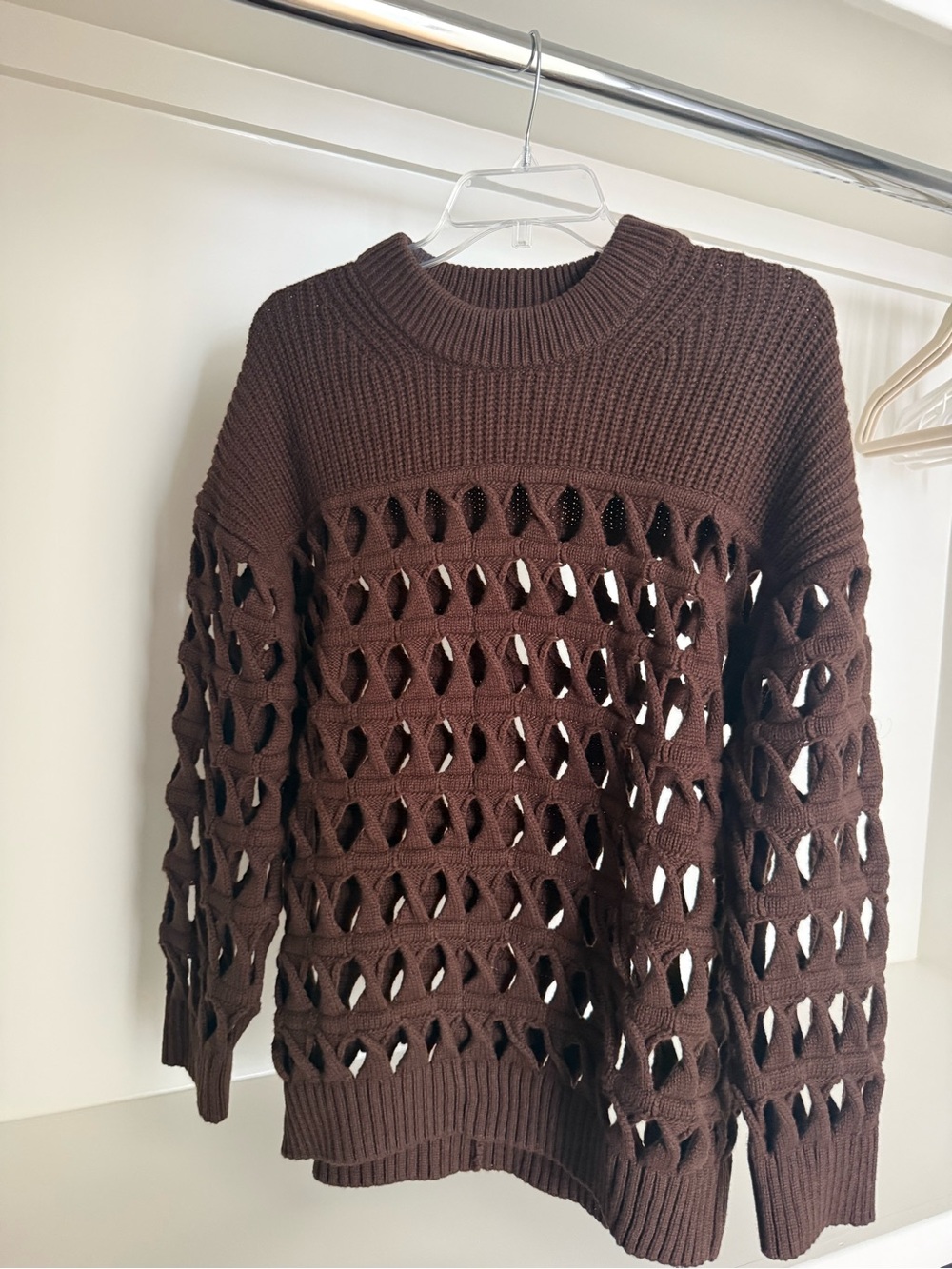 COS Chocolate Brown Open-Knit Crewneck Sweater